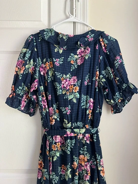 LC Lauren Conrad Navy Blue Floral Cottagecore Maxi Ruffle Tie Waist Dress Large - Picture 8 of 12
